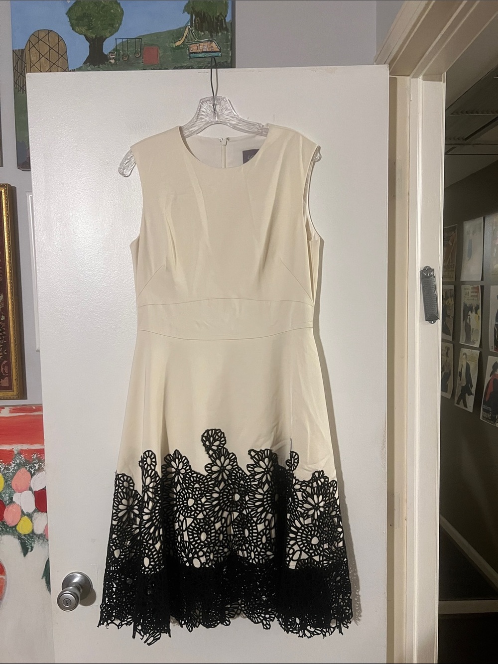 Lela Rose cream/black fit and flare dress. Gorgeous crochet detail.